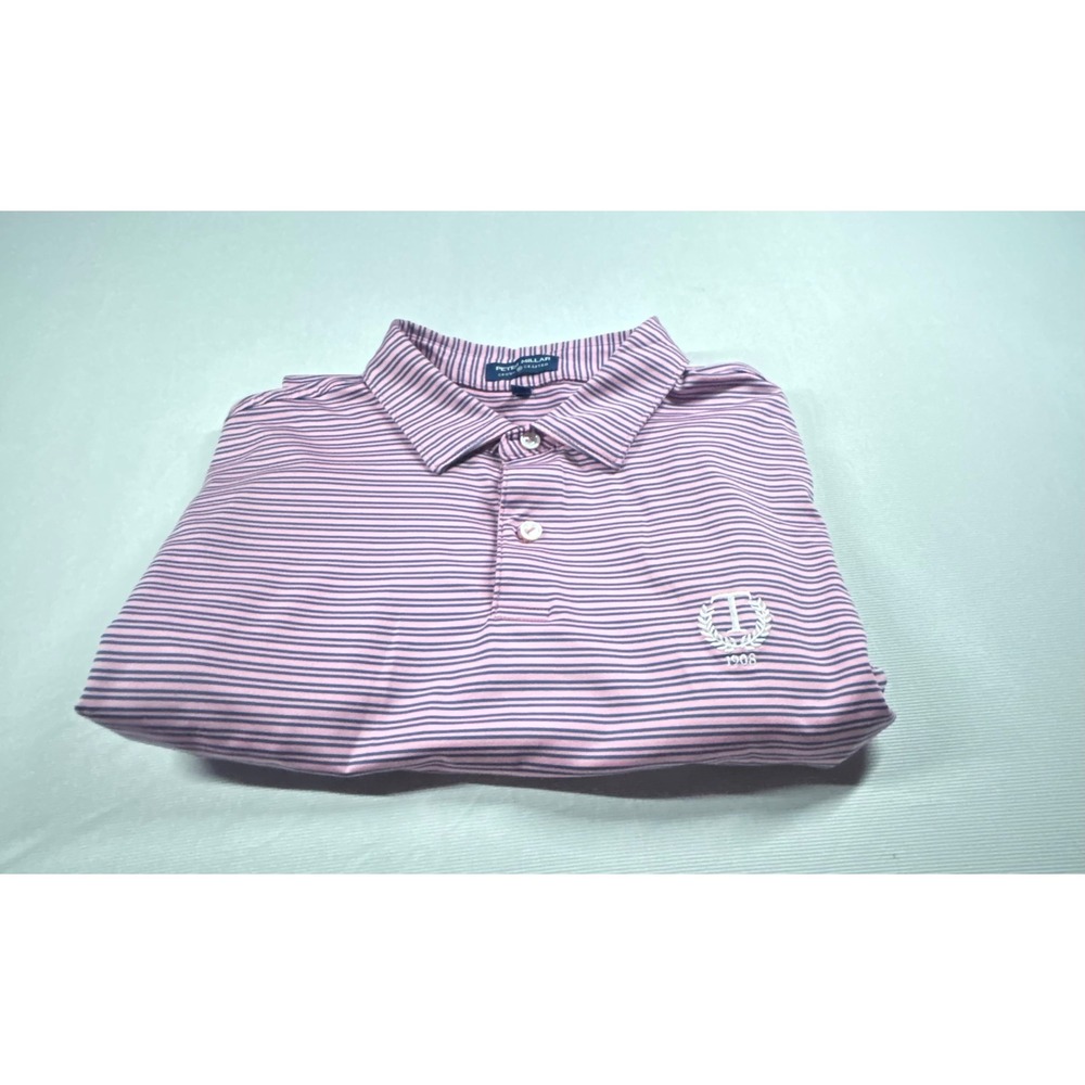 Peter Millar Crown Crafted Mens Large Polo Shirt Pink Blue Striped Golf Top